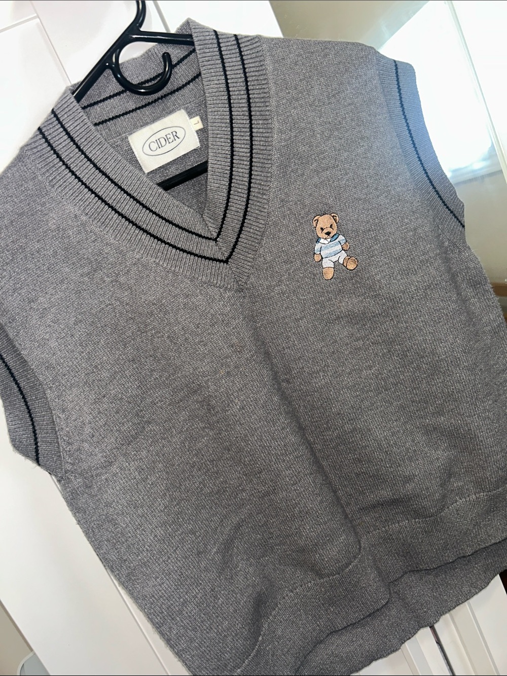 Cider Women’s Gray V-Neck Knit Sweater Vest with Teddy Bear Patch